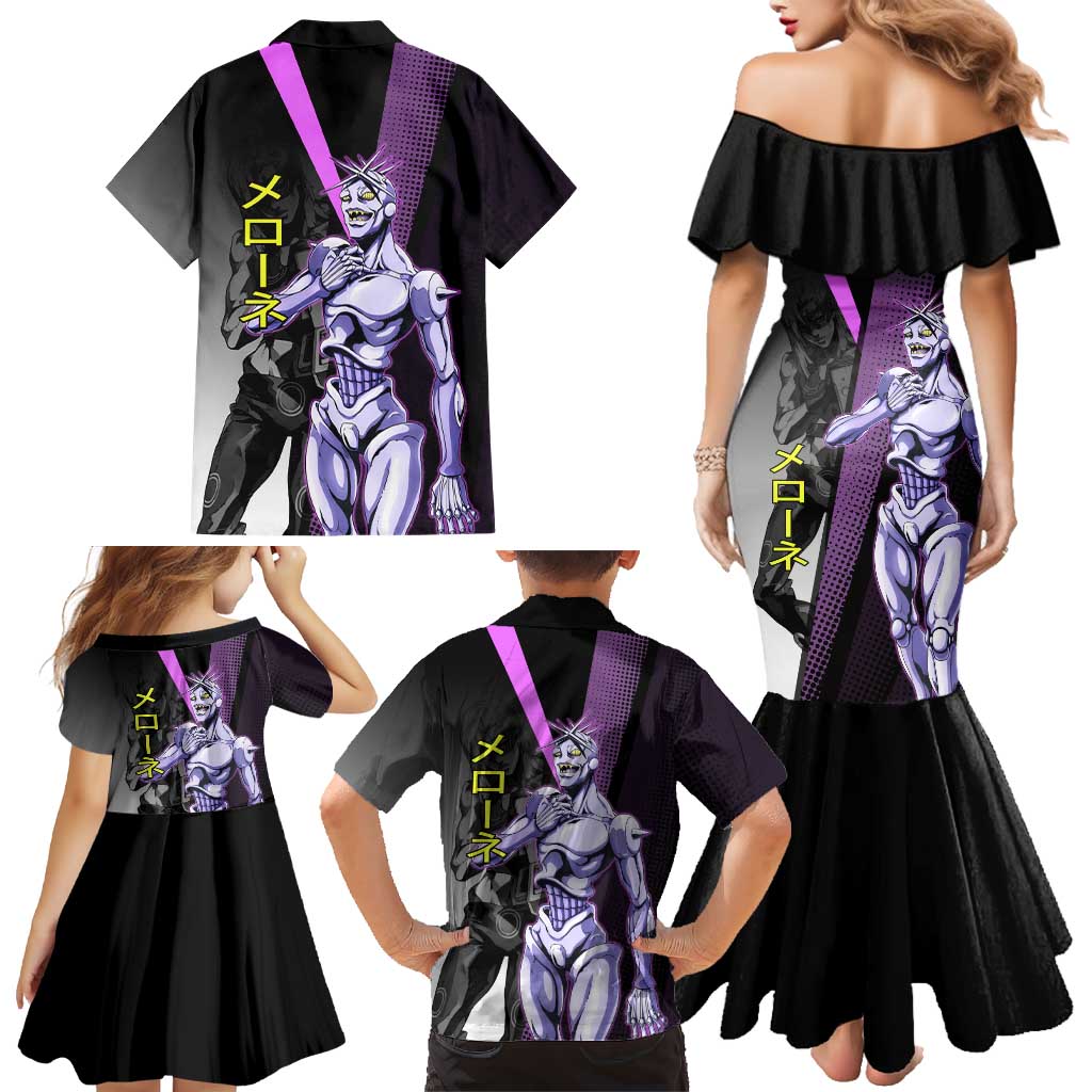 Melone JoJo’s Bizarre Adventure Family Matching Mermaid Dress and Hawaiian Shirt with Laptop-Featured Stand Display