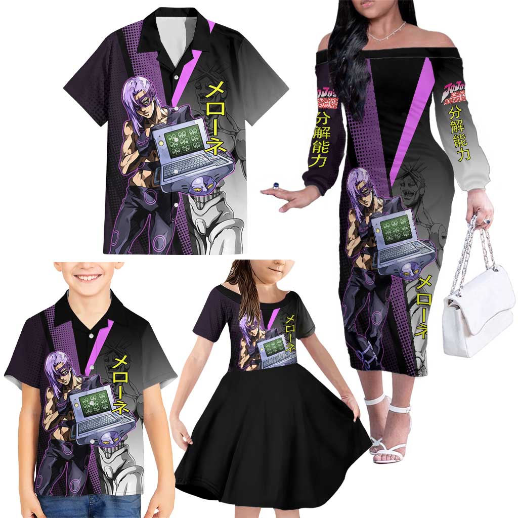 Melone JoJo’s Bizarre Adventure Family Matching Off The Shoulder Long Sleeve Dress and Hawaiian Shirt with Laptop-Featured Stand Display