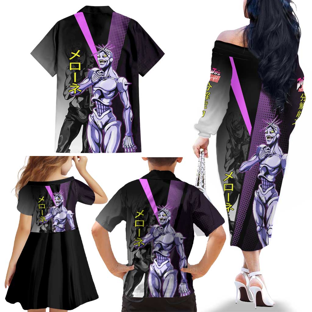 Melone JoJo’s Bizarre Adventure Family Matching Off The Shoulder Long Sleeve Dress and Hawaiian Shirt with Laptop-Featured Stand Display