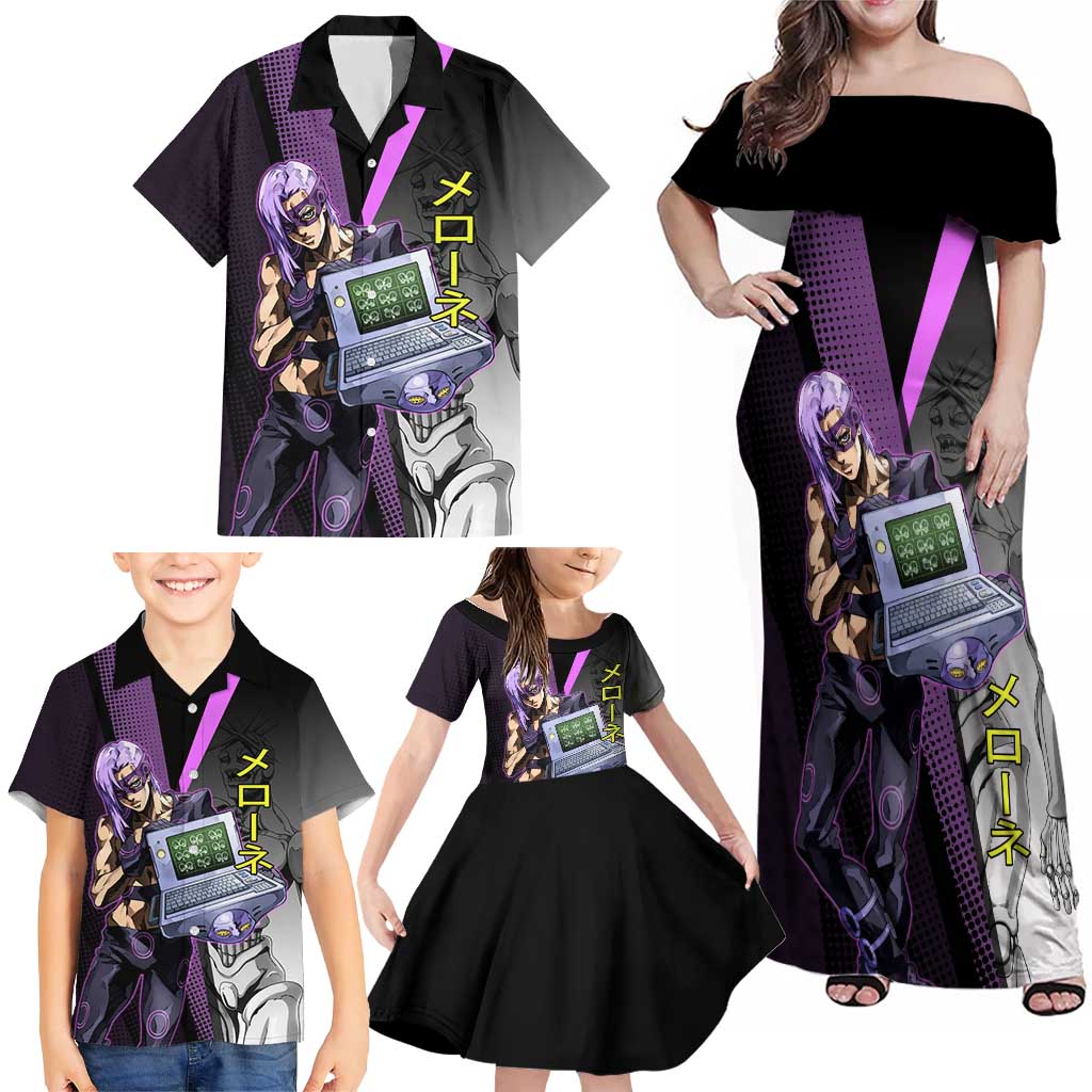 Melone JoJo’s Bizarre Adventure Family Matching Off Shoulder Maxi Dress and Hawaiian Shirt with Laptop-Featured Stand Display