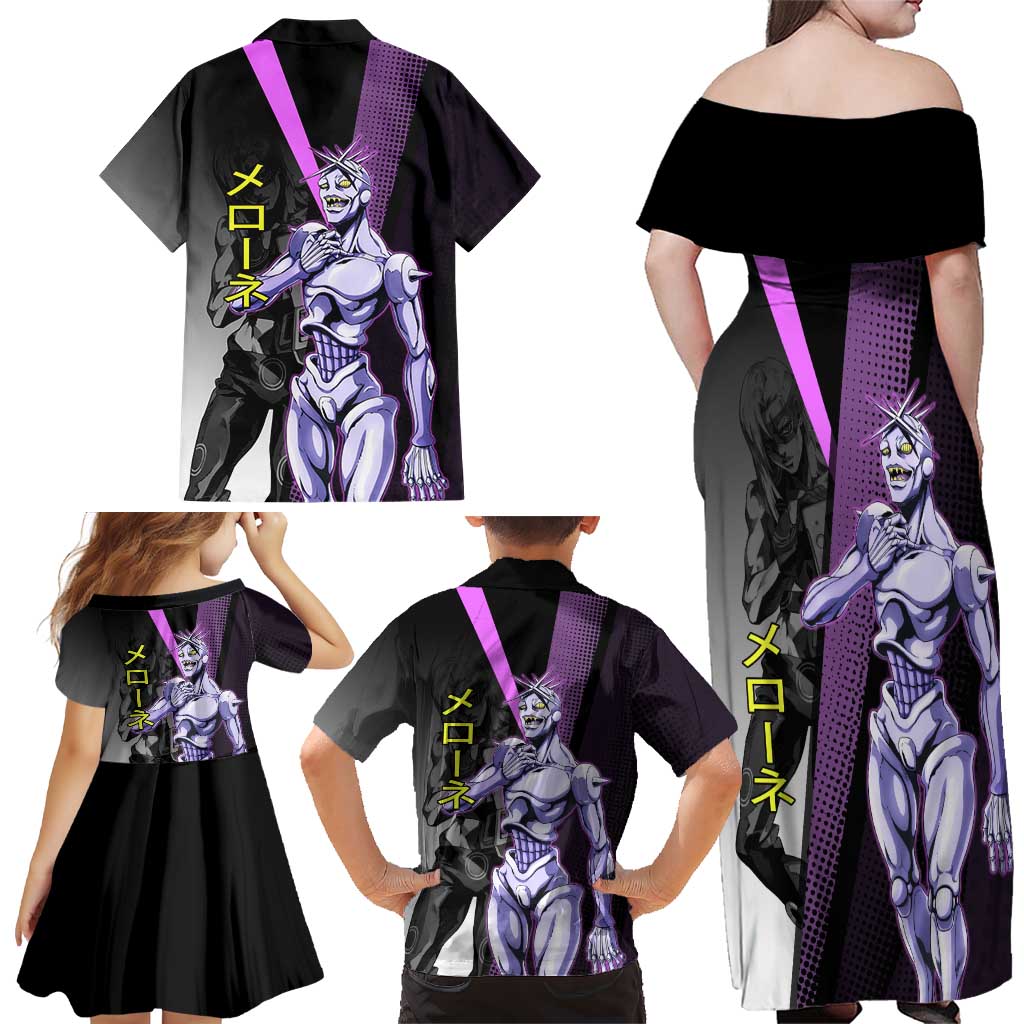 Melone JoJo’s Bizarre Adventure Family Matching Off Shoulder Maxi Dress and Hawaiian Shirt with Laptop-Featured Stand Display