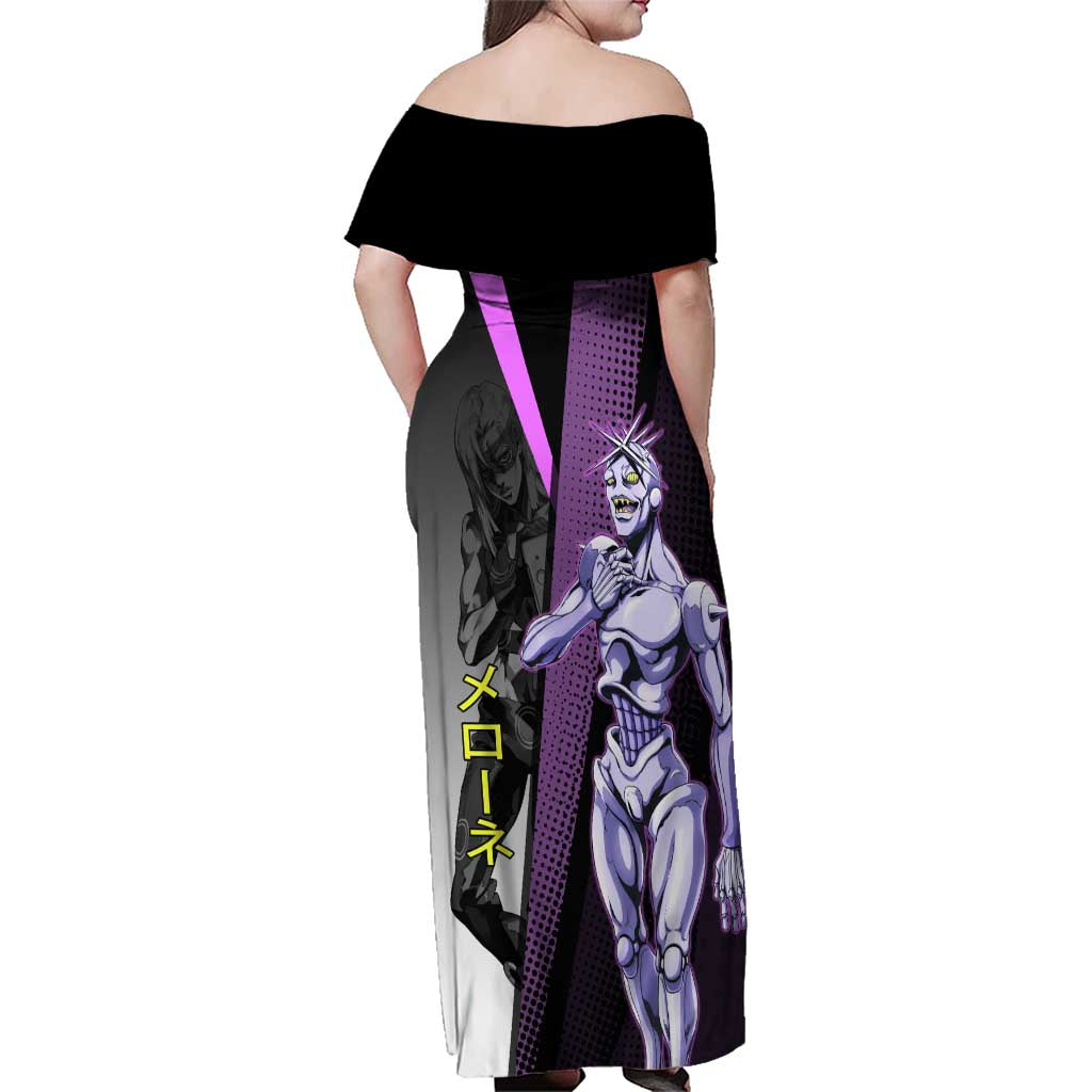 Melone JoJo’s Bizarre Adventure Family Matching Off Shoulder Maxi Dress and Hawaiian Shirt with Laptop-Featured Stand Display