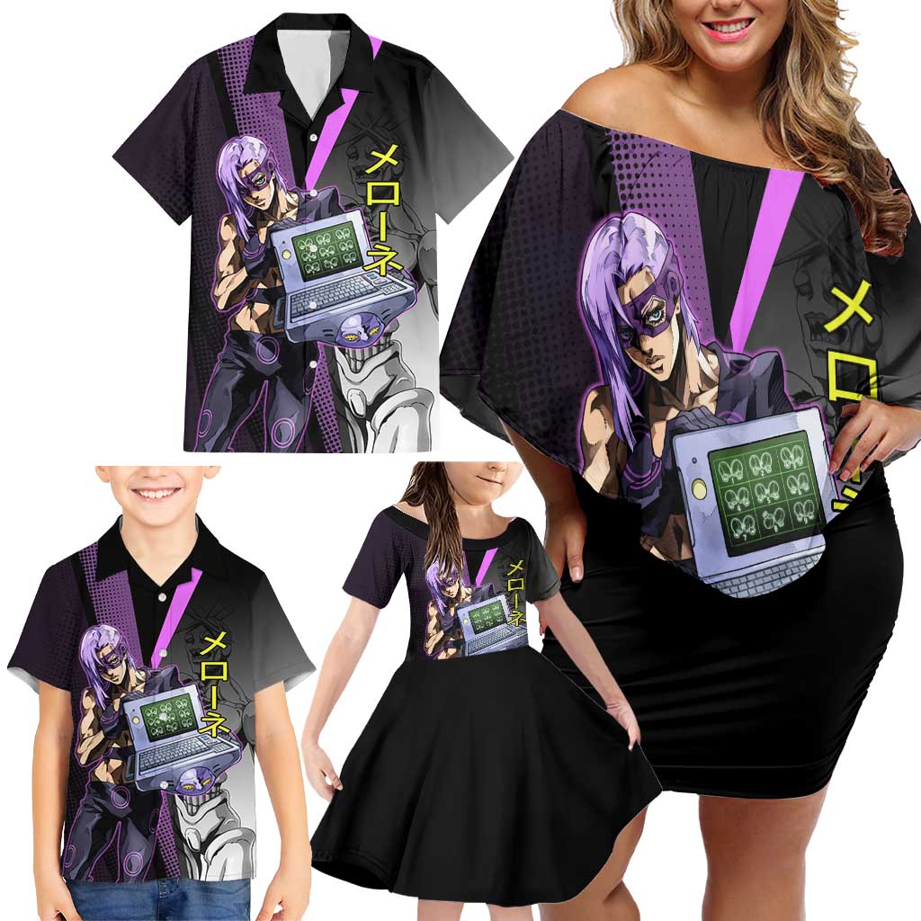 Melone JoJo’s Bizarre Adventure Family Matching Off Shoulder Short Dress and Hawaiian Shirt with Laptop-Featured Stand Display