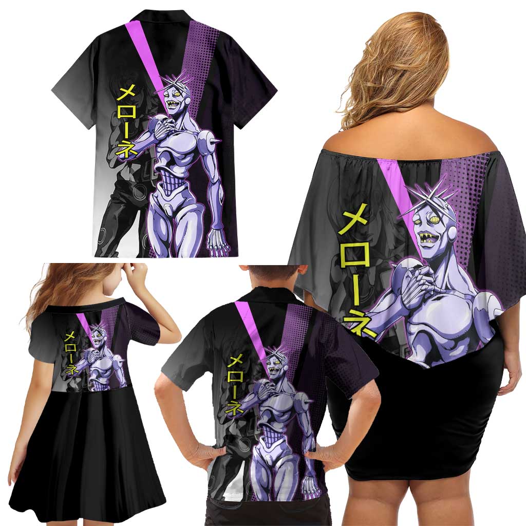 Melone JoJo’s Bizarre Adventure Family Matching Off Shoulder Short Dress and Hawaiian Shirt with Laptop-Featured Stand Display