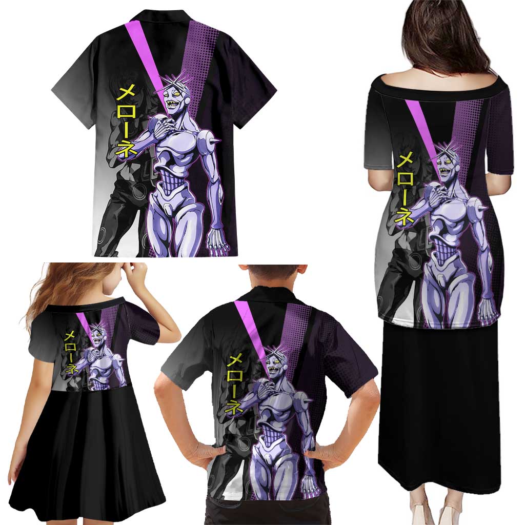 Melone JoJo’s Bizarre Adventure Family Matching Puletasi and Hawaiian Shirt with Laptop-Featured Stand Display