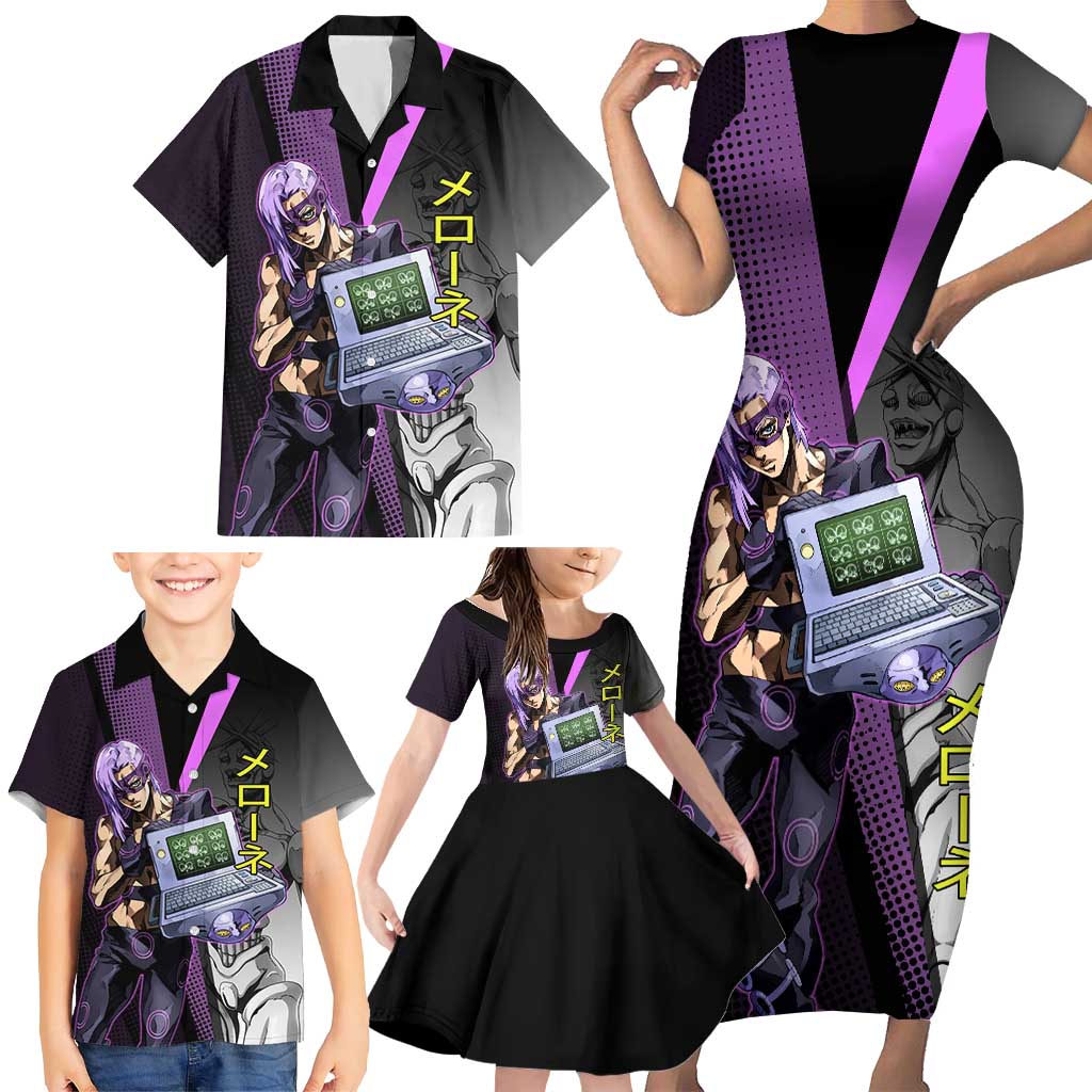 Melone JoJo’s Bizarre Adventure Family Matching Short Sleeve Bodycon Dress and Hawaiian Shirt with Laptop-Featured Stand Display