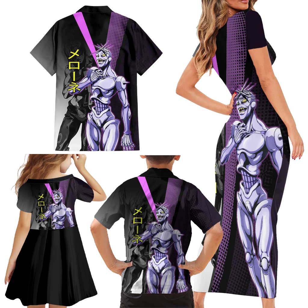 Melone JoJo’s Bizarre Adventure Family Matching Short Sleeve Bodycon Dress and Hawaiian Shirt with Laptop-Featured Stand Display