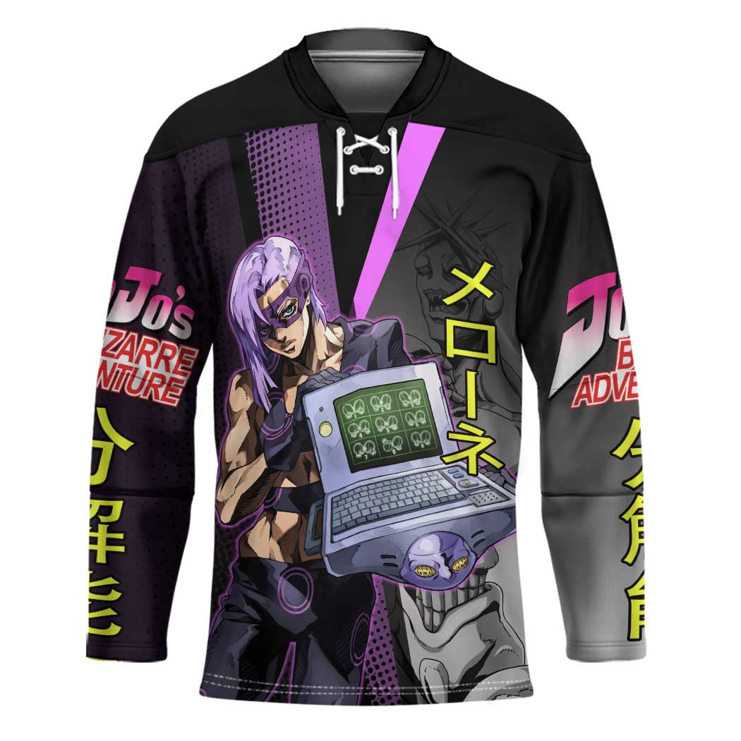 Melone JoJo’s Bizarre Adventure Hockey Jersey with Laptop-Featured Stand Display - The Mazicc