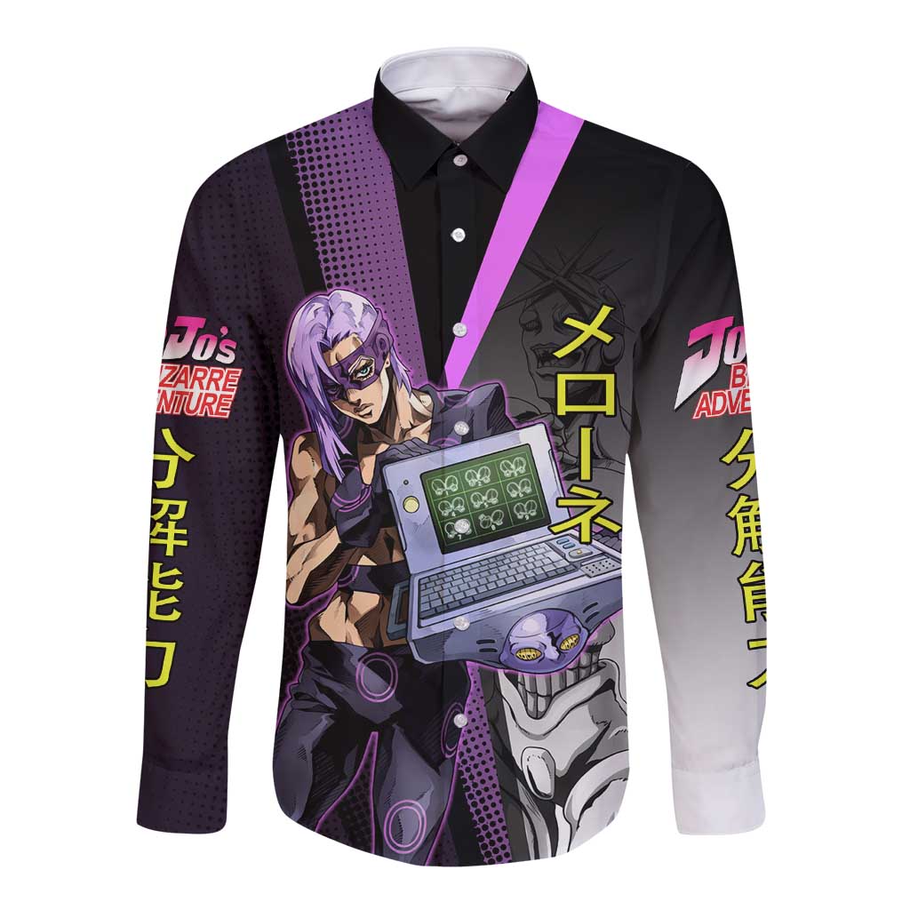 Melone JoJo’s Bizarre Adventure Long Sleeve Button Shirt with Laptop-Featured Stand Display - The Mazicc