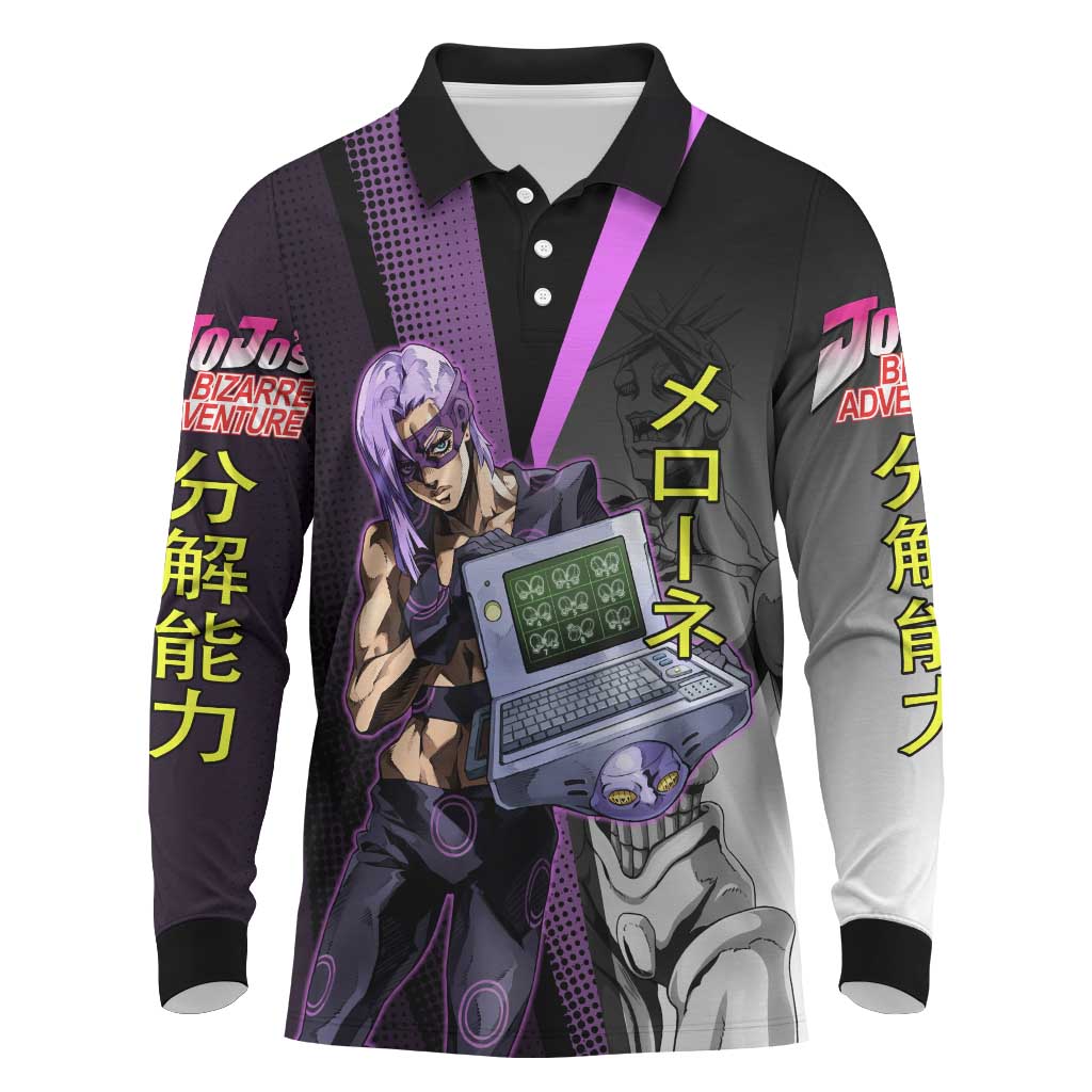 Melone JoJo’s Bizarre Adventure Long Sleeve Polo Shirt with Laptop-Featured Stand Display - The Mazicc