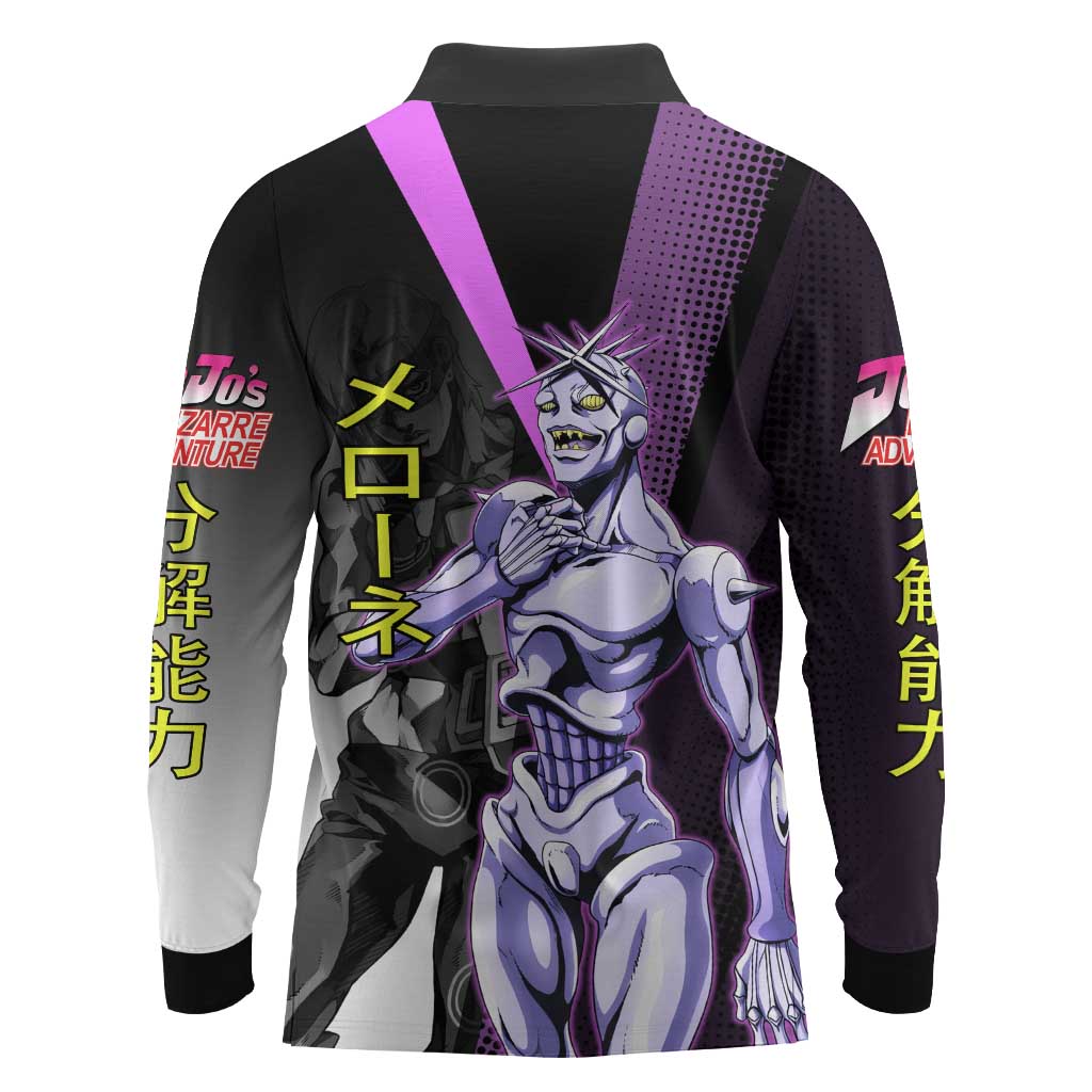 Melone JoJo’s Bizarre Adventure Long Sleeve Polo Shirt with Laptop-Featured Stand Display - The Mazicc