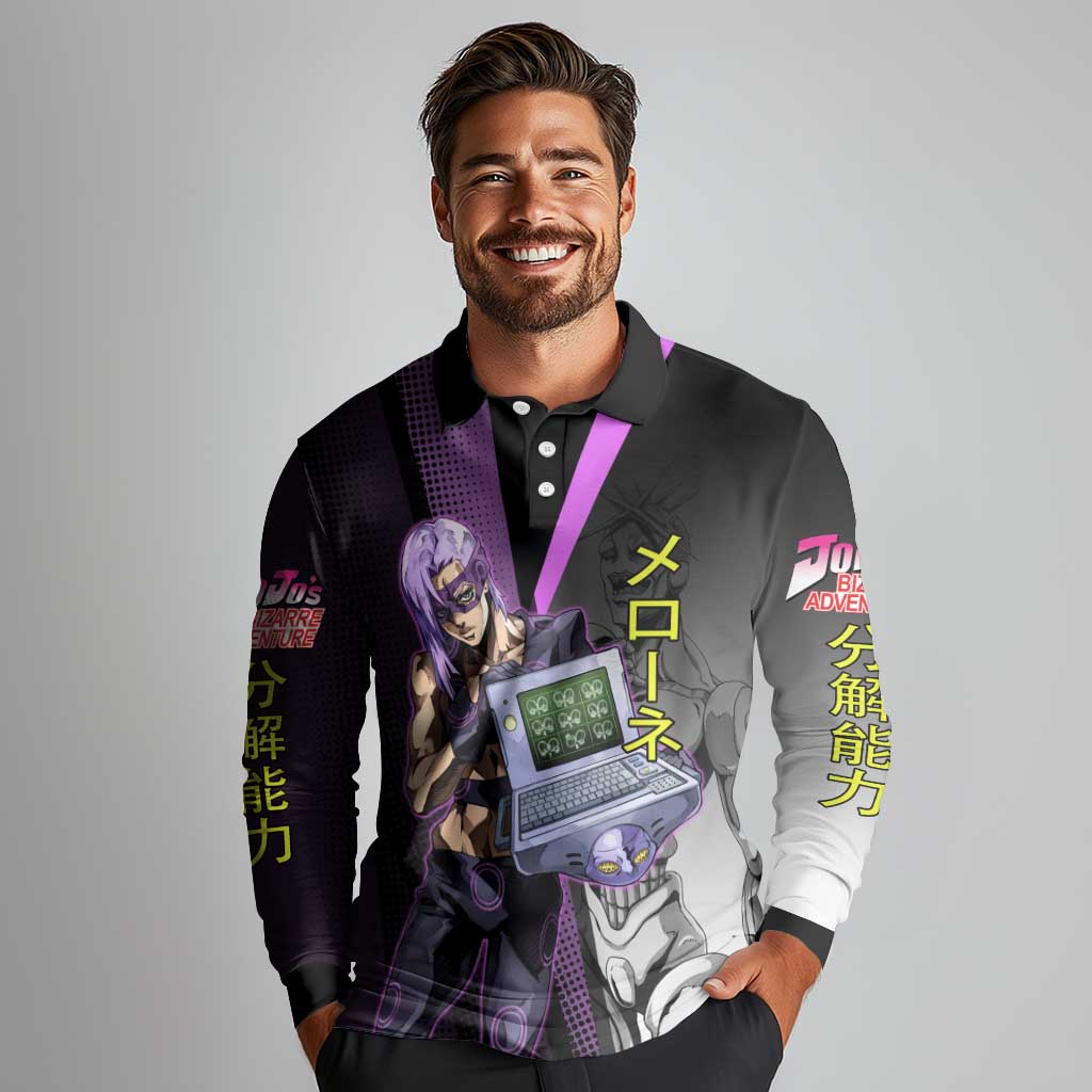 Melone JoJo’s Bizarre Adventure Long Sleeve Polo Shirt with Laptop-Featured Stand Display - The Mazicc