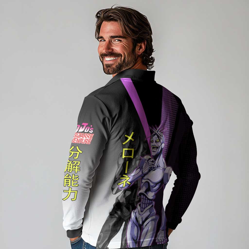 Melone JoJo’s Bizarre Adventure Long Sleeve Polo Shirt with Laptop-Featured Stand Display - The Mazicc