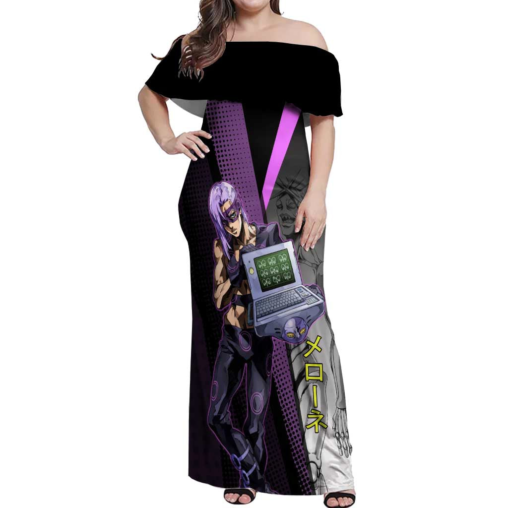 Melone JoJo’s Bizarre Adventure Off Shoulder Maxi Dress with Laptop-Featured Stand Display - The Mazicc