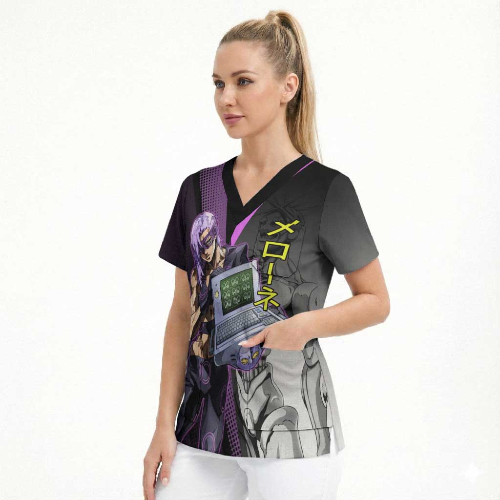 Melone JoJo’s Bizarre Adventure Scrub Top with Laptop-Featured Stand Display - The Mazicc