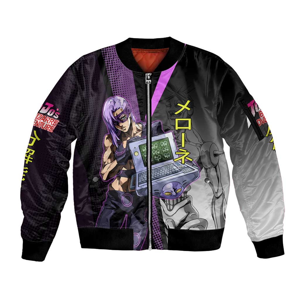 Melone JoJo’s Bizarre Adventure Sleeve Zip Bomber Jacket with Laptop-Featured Stand Display - The Mazicc
