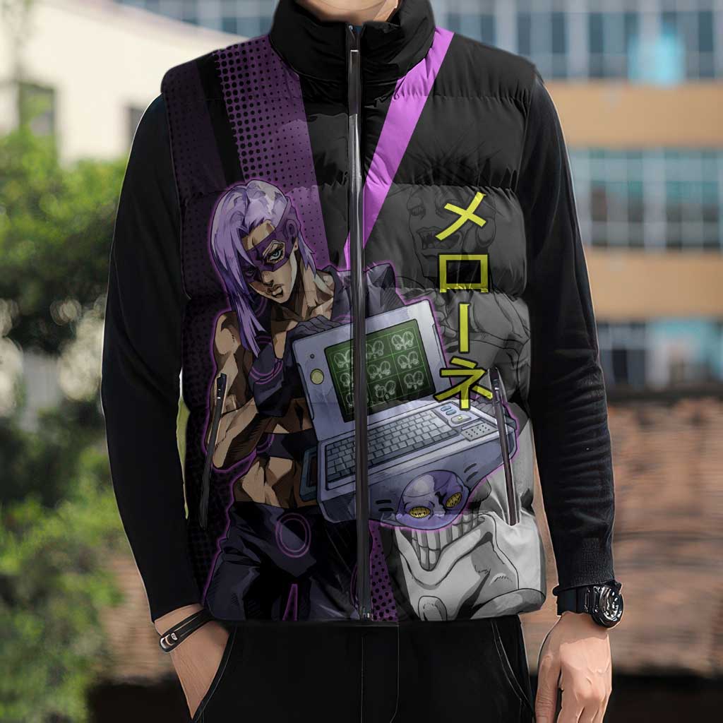 Melone JoJo’s Bizarre Adventure Sleeveless Puffer Jacket with Laptop-Featured Stand Display - The Mazicc
