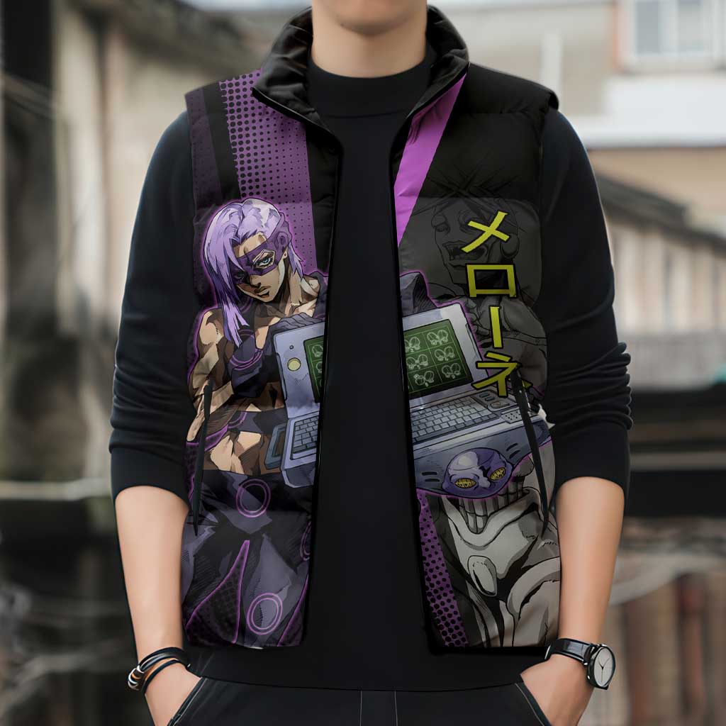 Melone JoJo’s Bizarre Adventure Sleeveless Puffer Jacket with Laptop-Featured Stand Display - The Mazicc