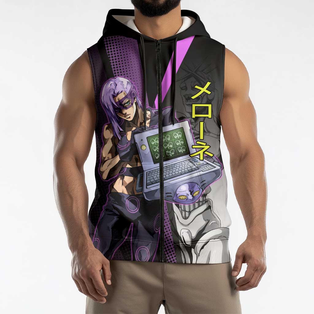 Melone JoJo’s Bizarre Adventure Sleeveless Zip Hoodie with Laptop-Featured Stand Display - The Mazicc