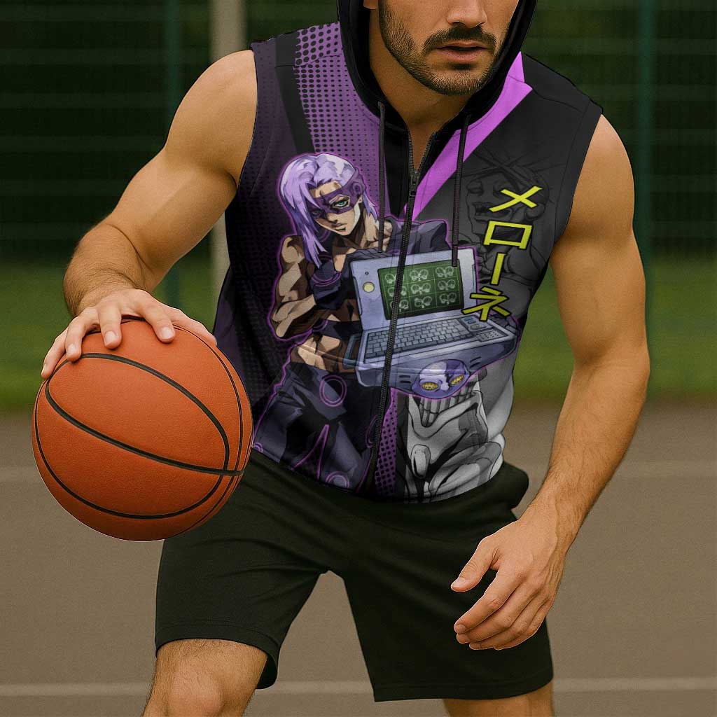 Melone JoJo’s Bizarre Adventure Sleeveless Zip Hoodie with Laptop-Featured Stand Display - The Mazicc