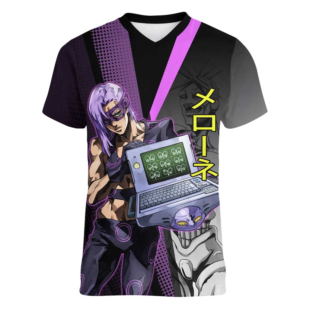 Melone JoJo’s Bizarre Adventure Women V-Neck T-Shirt with Laptop-Featured Stand Display - The Mazicc