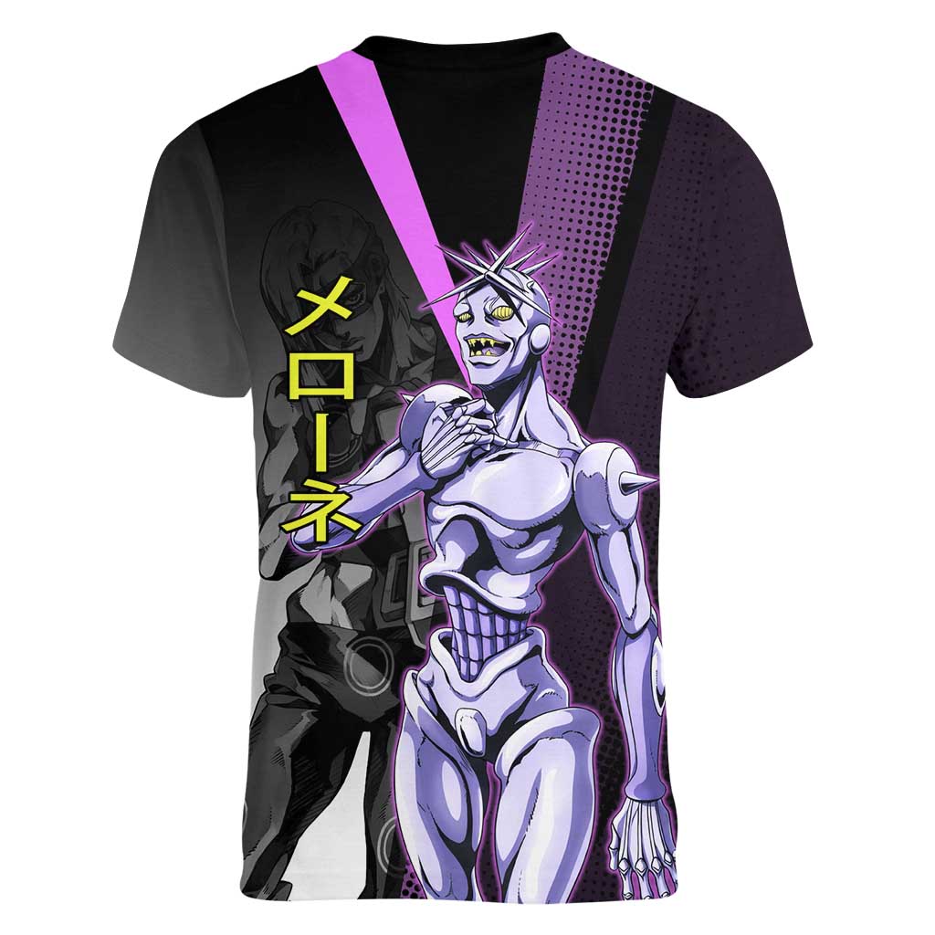 Melone JoJo’s Bizarre Adventure Women V-Neck T-Shirt with Laptop-Featured Stand Display - The Mazicc