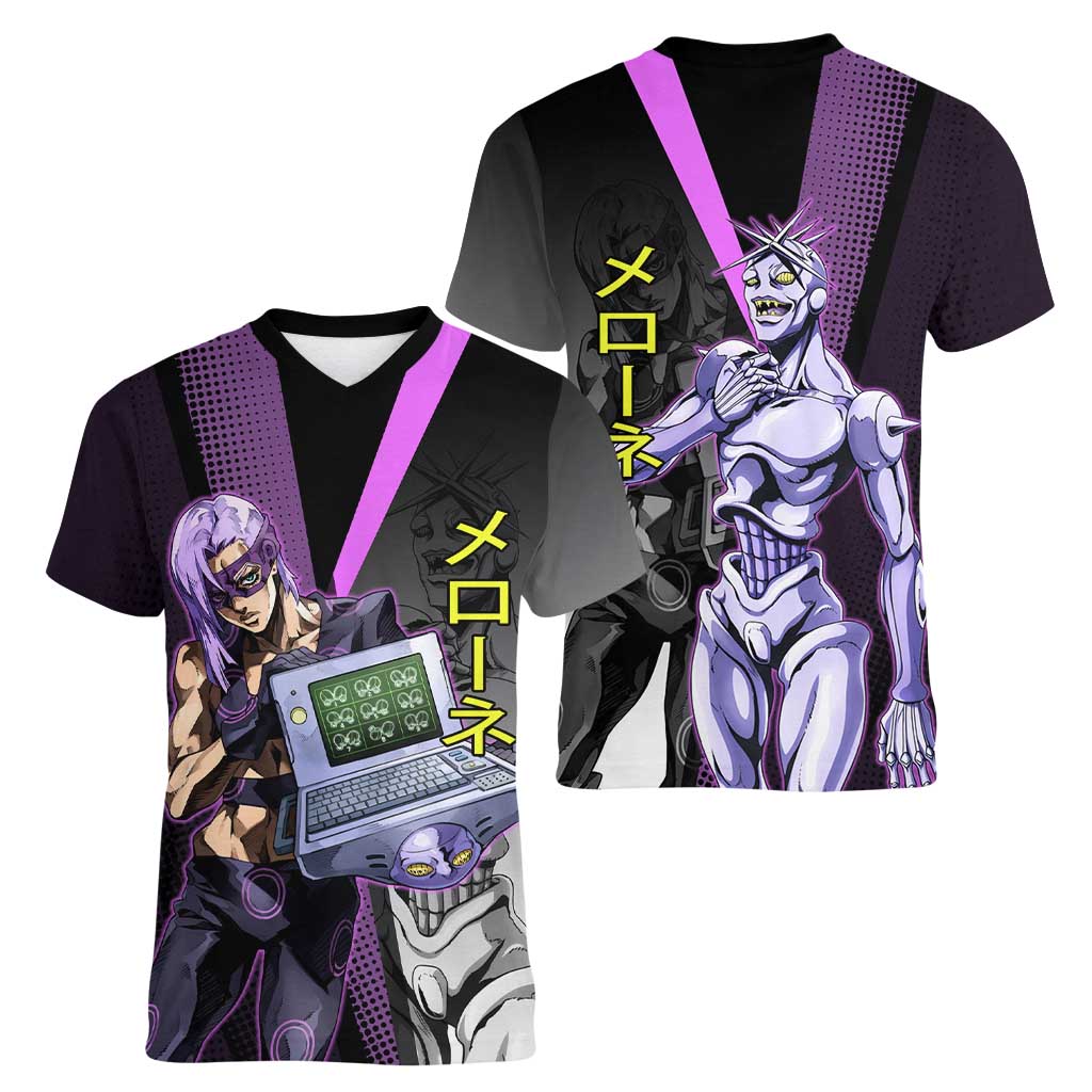 Melone JoJo’s Bizarre Adventure Women V-Neck T-Shirt with Laptop-Featured Stand Display - The Mazicc