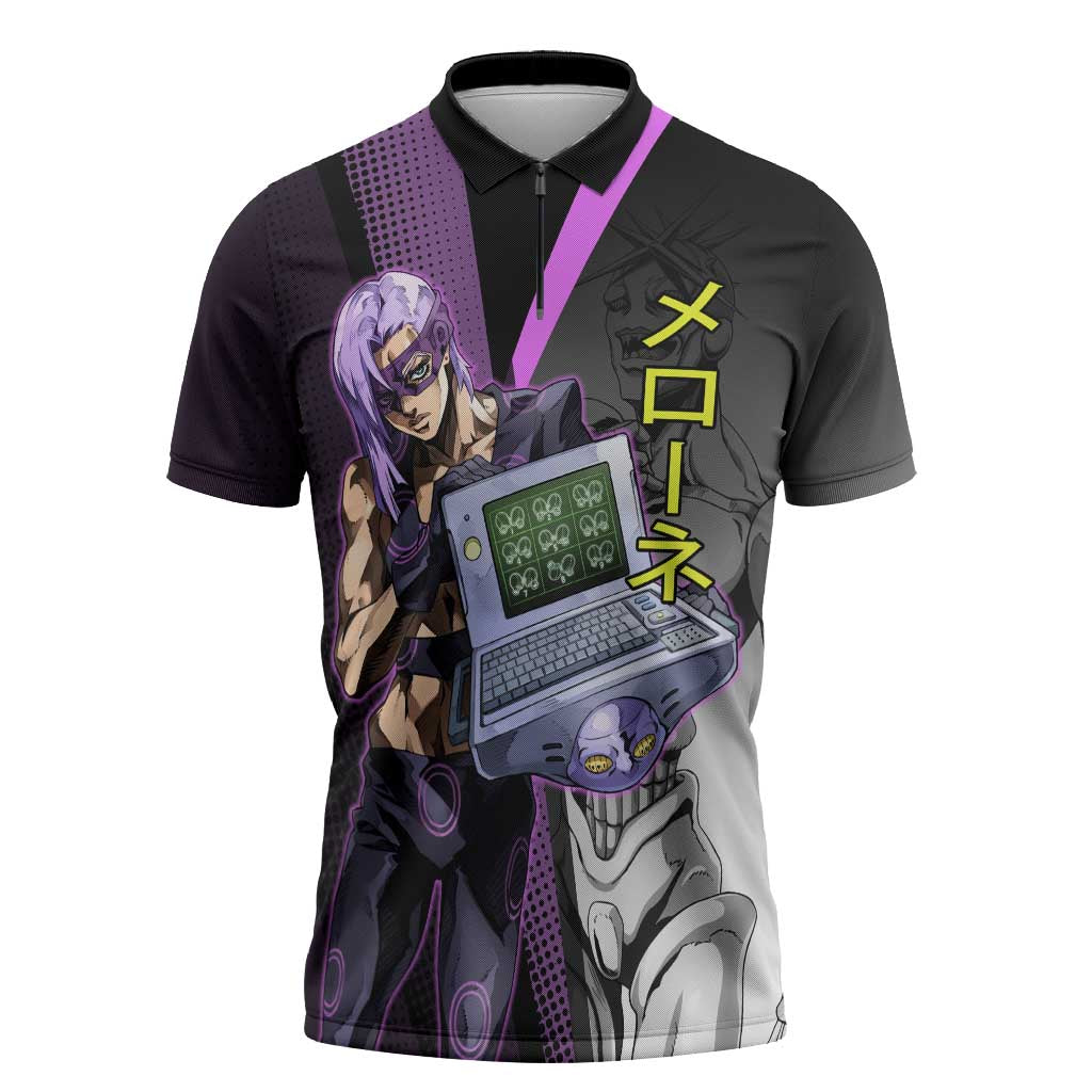 Melone JoJo’s Bizarre Adventure Zipper Polo Shirt with Laptop-Featured Stand Display - The Mazicc