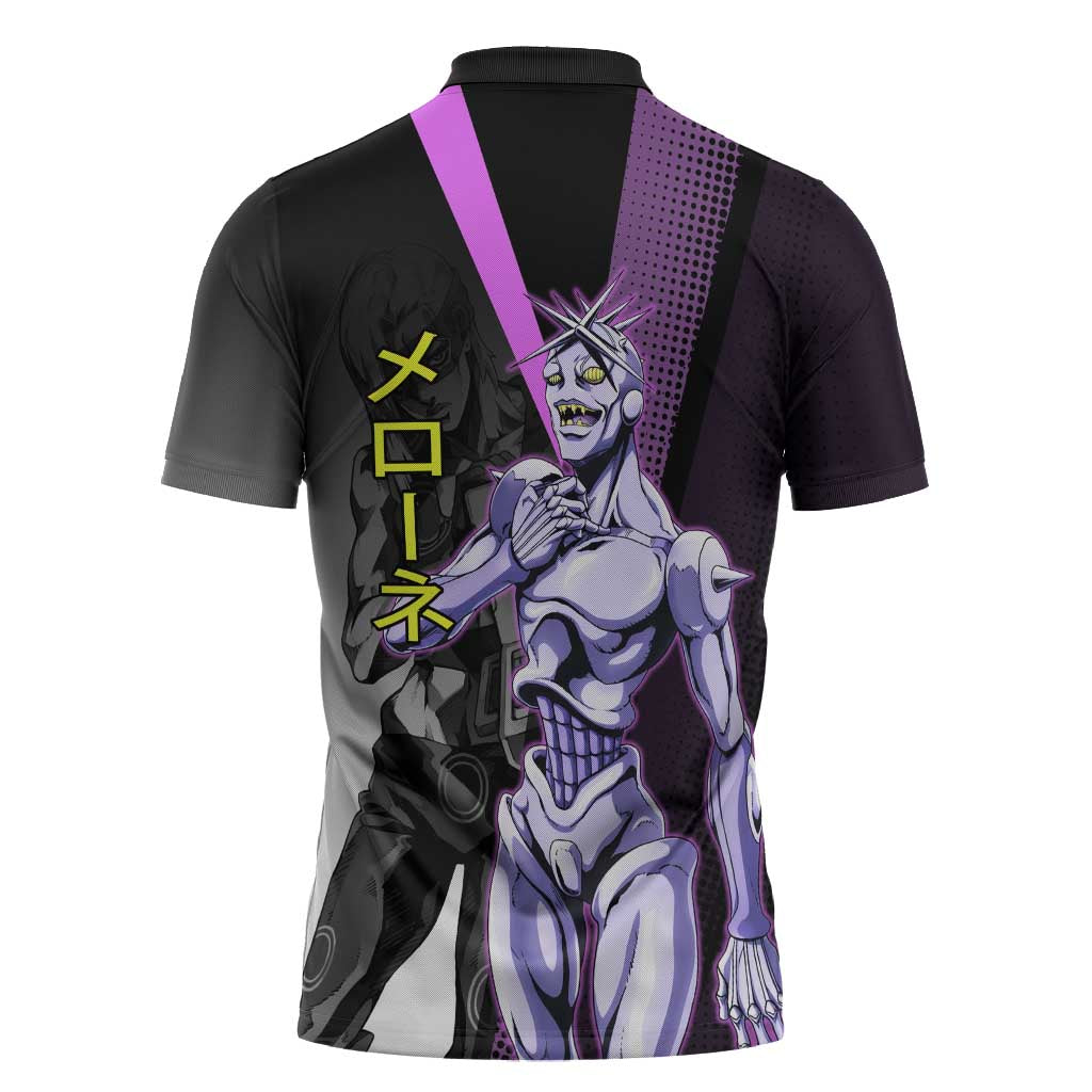 Melone JoJo’s Bizarre Adventure Zipper Polo Shirt with Laptop-Featured Stand Display - The Mazicc
