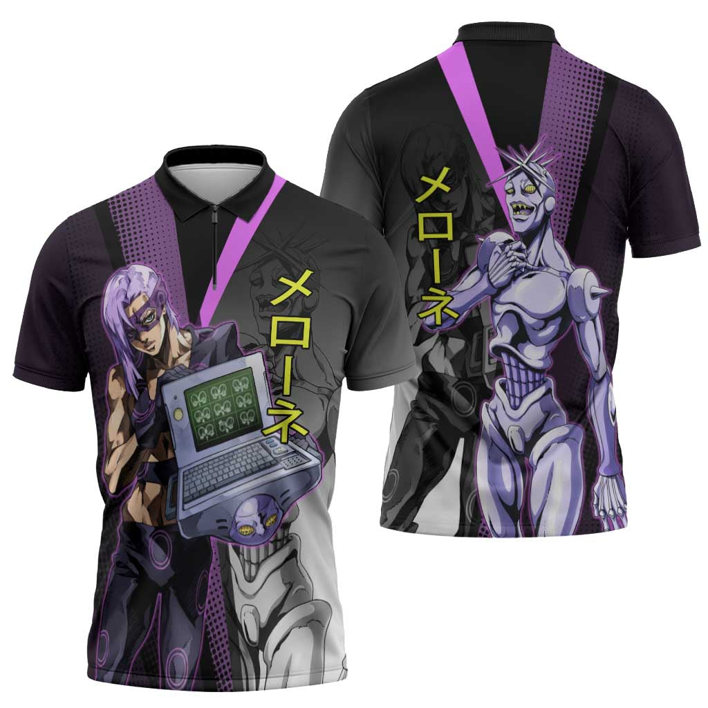 Melone JoJo’s Bizarre Adventure Zipper Polo Shirt with Laptop-Featured Stand Display - The Mazicc