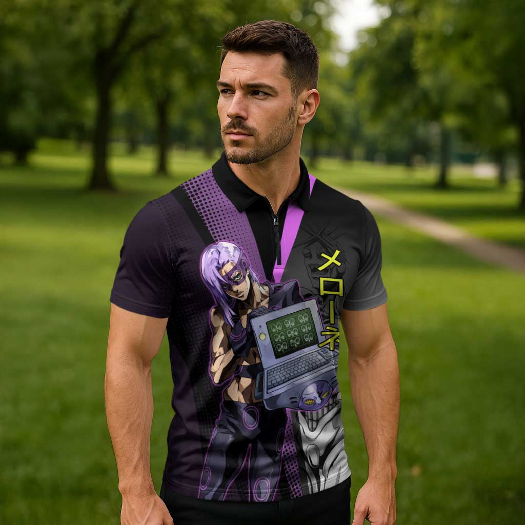Melone JoJo’s Bizarre Adventure Zipper Polo Shirt with Laptop-Featured Stand Display - The Mazicc