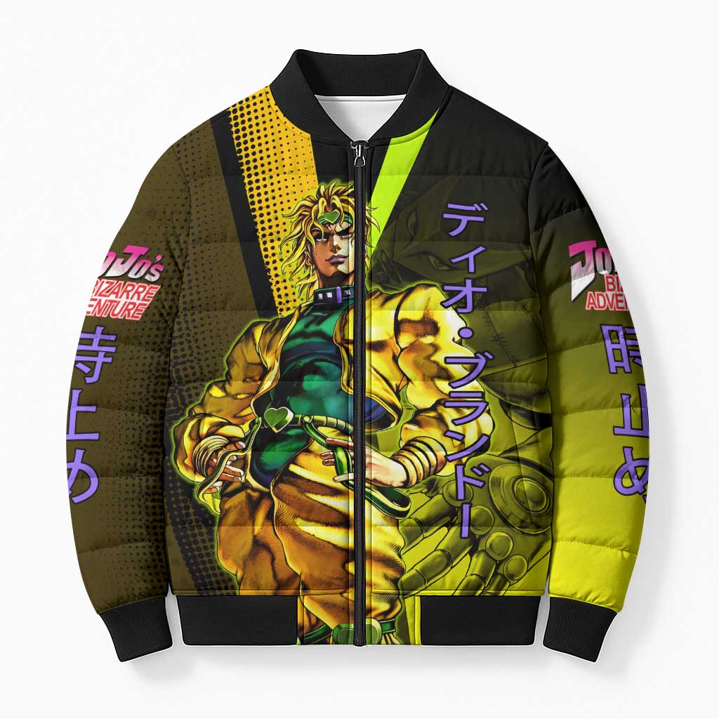 Dio Brando JoJo’s Bizarre Adventure Bomber Puffer Jacket with The World Stand and Comic Graphic - The Mazicc
