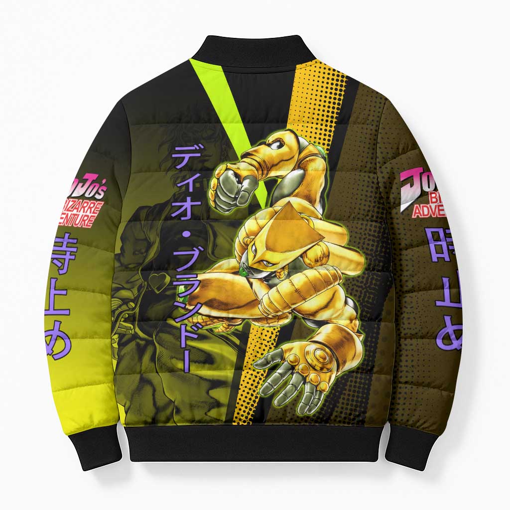 Dio Brando JoJo’s Bizarre Adventure Bomber Puffer Jacket with The World Stand and Comic Graphic - The Mazicc