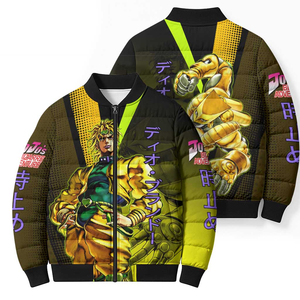 Dio Brando JoJo’s Bizarre Adventure Bomber Puffer Jacket with The World Stand and Comic Graphic - The Mazicc