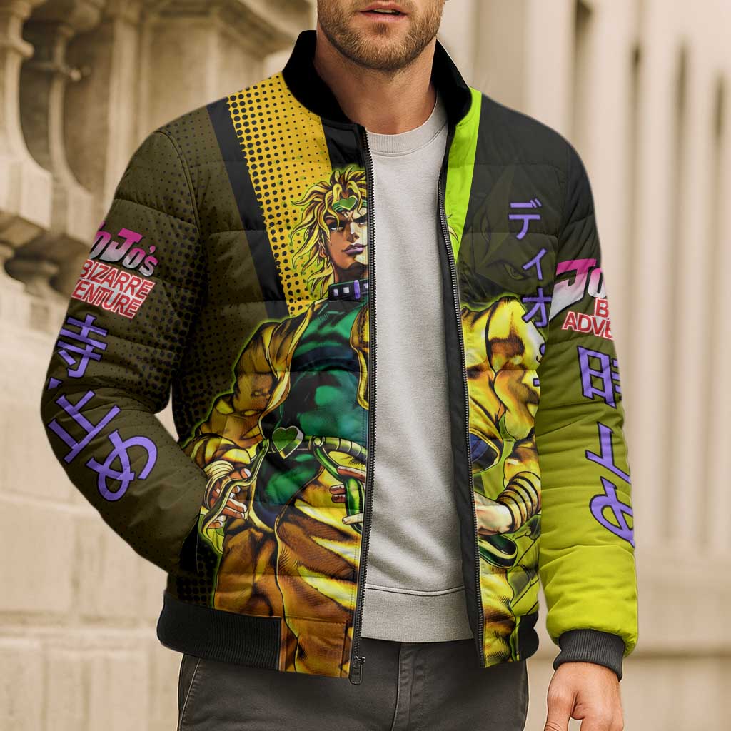 Dio Brando JoJo’s Bizarre Adventure Bomber Puffer Jacket with The World Stand and Comic Graphic - The Mazicc