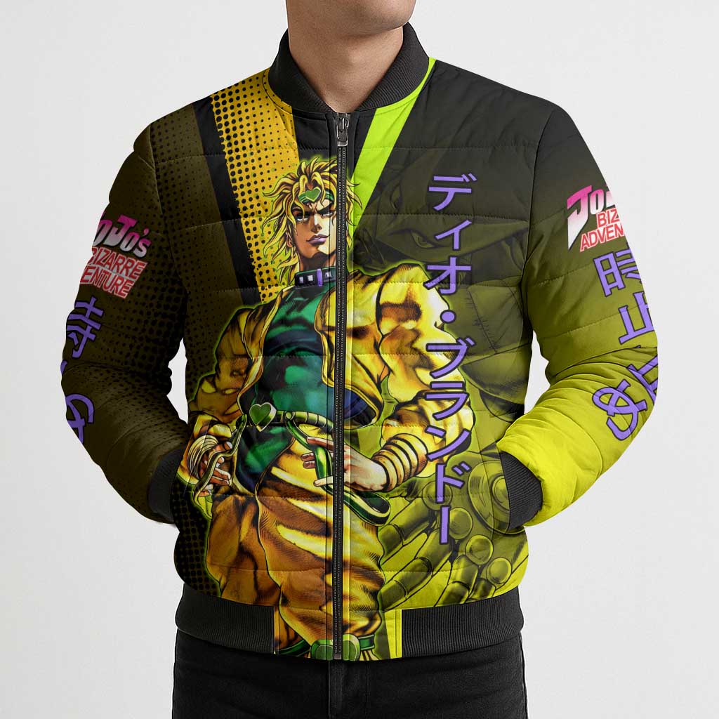 Dio Brando JoJo’s Bizarre Adventure Bomber Puffer Jacket with The World Stand and Comic Graphic - The Mazicc