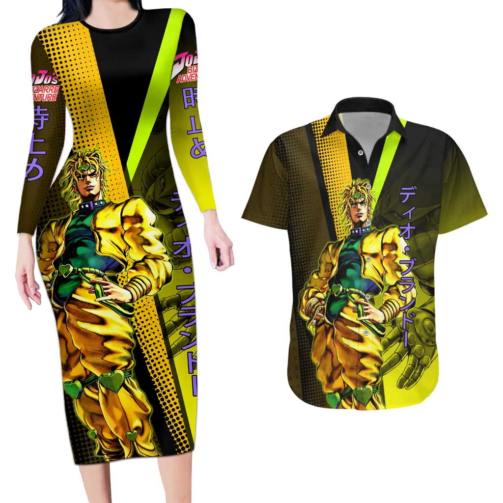 Dio Brando JoJo’s Bizarre Adventure Couples Matching Long Sleeve Bodycon Dress and Hawaiian Shirt with The World Stand and Comic Graphic - The Mazicc