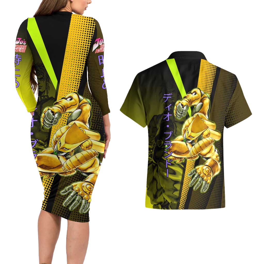 Dio Brando JoJo’s Bizarre Adventure Couples Matching Long Sleeve Bodycon Dress and Hawaiian Shirt with The World Stand and Comic Graphic - The Mazicc