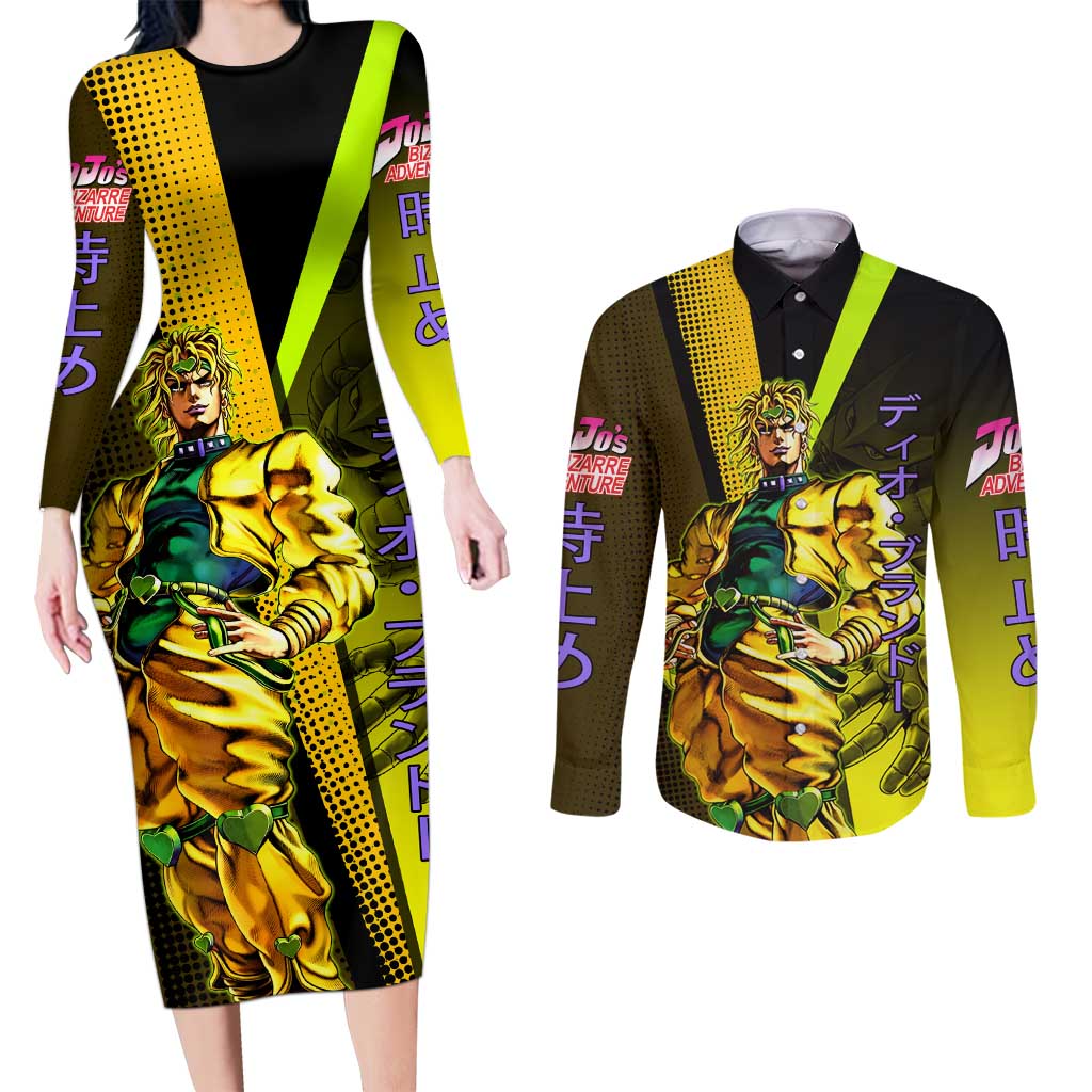 Dio Brando JoJo’s Bizarre Adventure Couples Matching Long Sleeve Bodycon Dress and Long Sleeve Button Shirt with The World Stand and Comic Graphic - The Mazicc