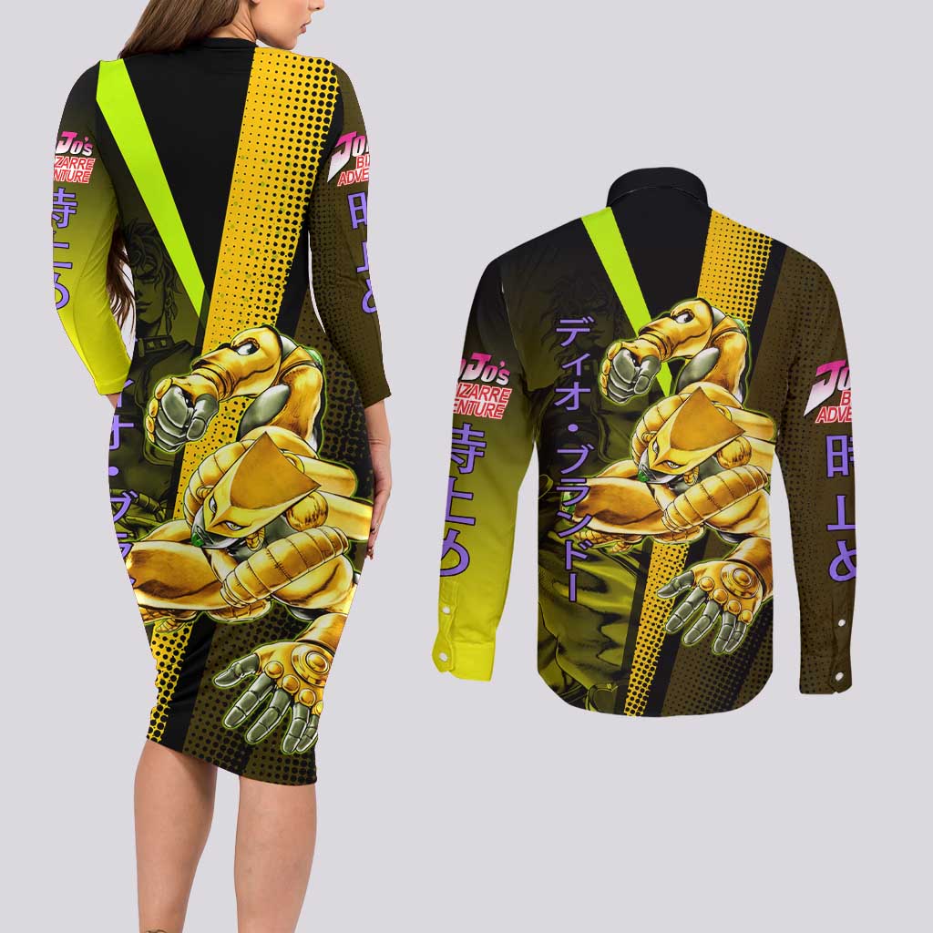 Dio Brando JoJo’s Bizarre Adventure Couples Matching Long Sleeve Bodycon Dress and Long Sleeve Button Shirt with The World Stand and Comic Graphic - The Mazicc