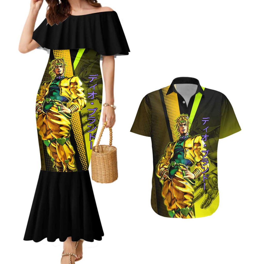 Dio Brando JoJo’s Bizarre Adventure Couples Matching Mermaid Dress and Hawaiian Shirt with The World Stand and Comic Graphic - The Mazicc