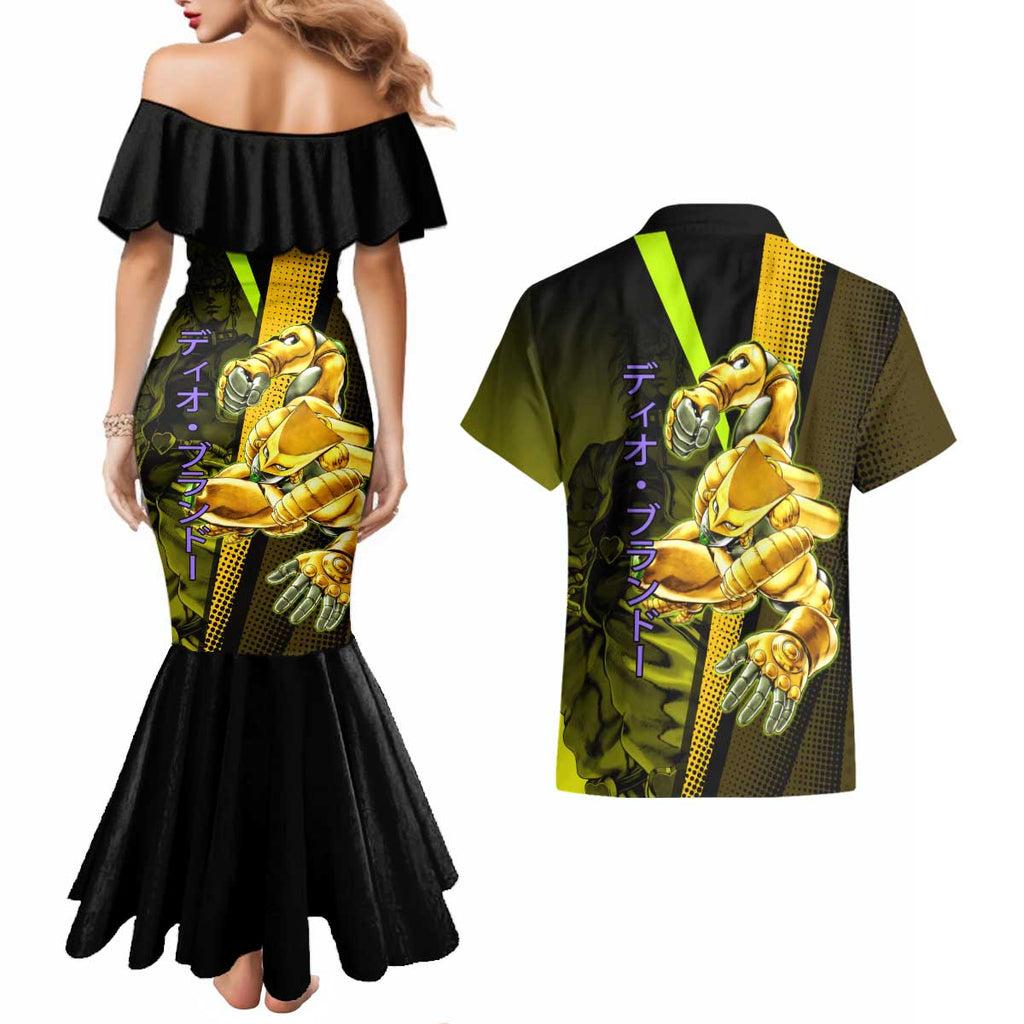 Dio Brando JoJo’s Bizarre Adventure Couples Matching Mermaid Dress and Hawaiian Shirt with The World Stand and Comic Graphic - The Mazicc