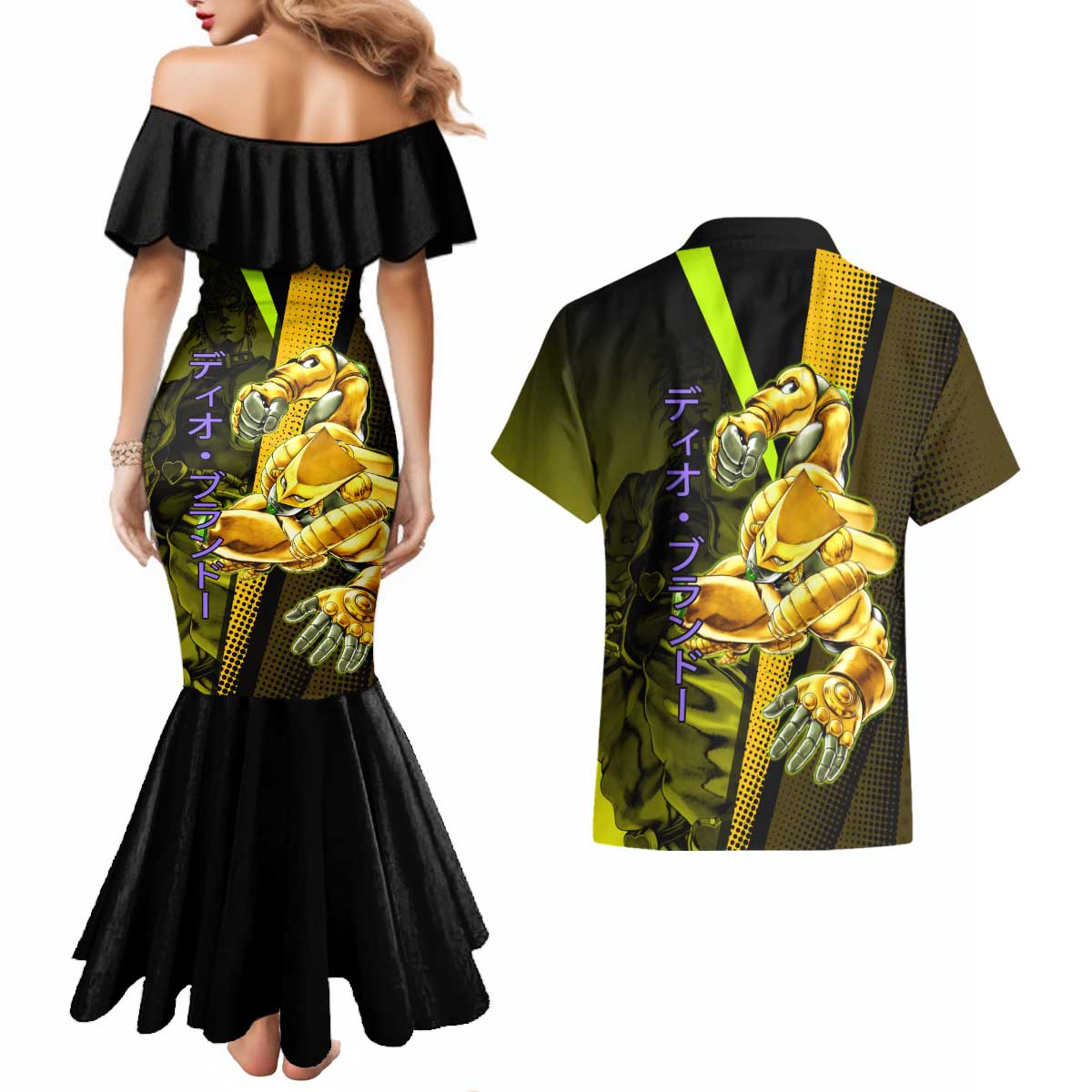 Dio Brando JoJo’s Bizarre Adventure Couples Matching Mermaid Dress and Hawaiian Shirt with The World Stand and Comic Graphic - The Mazicc