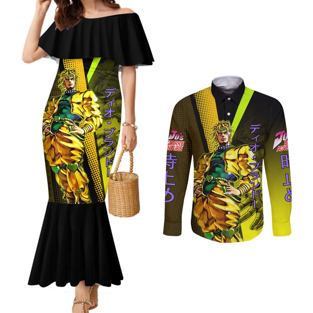 Dio Brando JoJo’s Bizarre Adventure Couples Matching Mermaid Dress and Long Sleeve Button Shirt with The World Stand and Comic Graphic - The Mazicc
