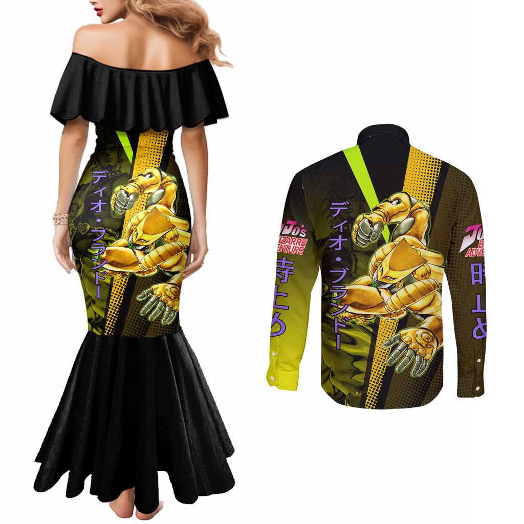 Dio Brando JoJo’s Bizarre Adventure Couples Matching Mermaid Dress and Long Sleeve Button Shirt with The World Stand and Comic Graphic - The Mazicc