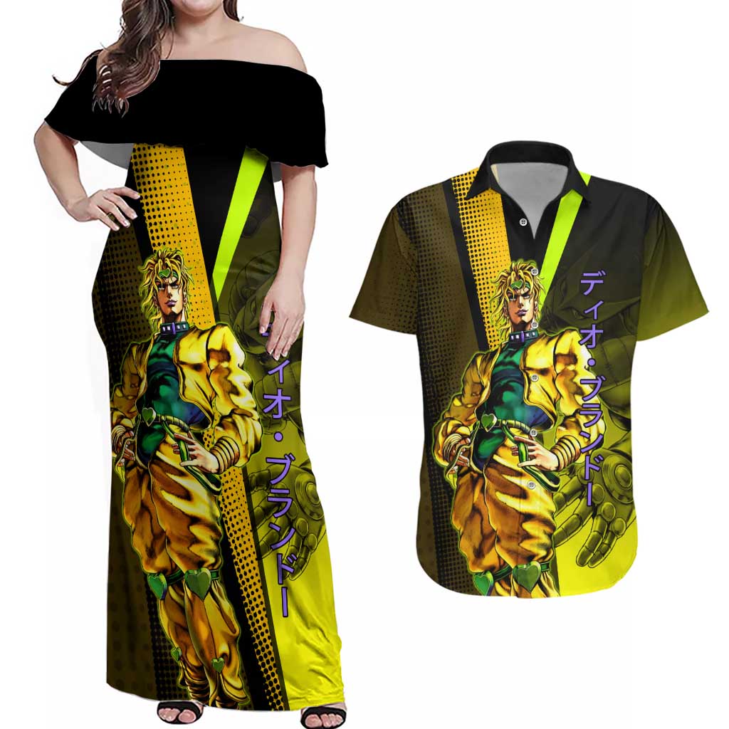 Dio Brando JoJo’s Bizarre Adventure Couples Matching Off Shoulder Maxi Dress and Hawaiian Shirt with The World Stand and Comic Graphic - The Mazicc