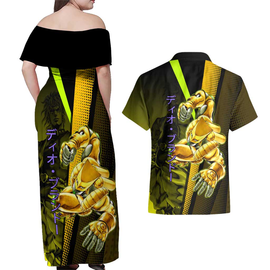 Dio Brando JoJo’s Bizarre Adventure Couples Matching Off Shoulder Maxi Dress and Hawaiian Shirt with The World Stand and Comic Graphic - The Mazicc
