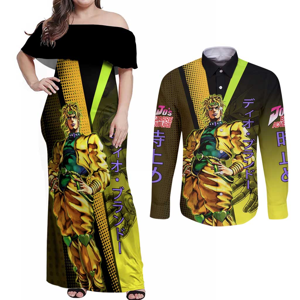 Dio Brando JoJo’s Bizarre Adventure Couples Matching Off Shoulder Maxi Dress and Long Sleeve Button Shirt with The World Stand and Comic Graphic - The Mazicc