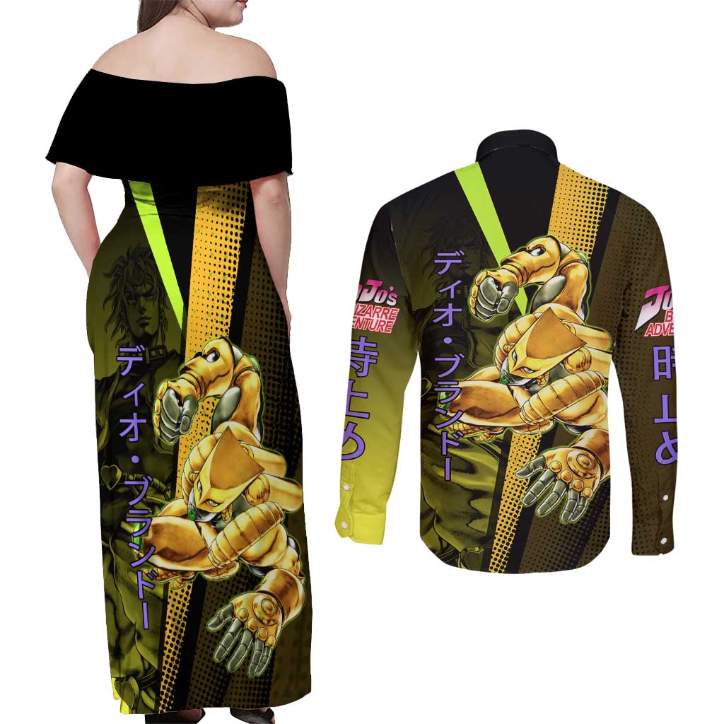 Dio Brando JoJo’s Bizarre Adventure Couples Matching Off Shoulder Maxi Dress and Long Sleeve Button Shirt with The World Stand and Comic Graphic - The Mazicc