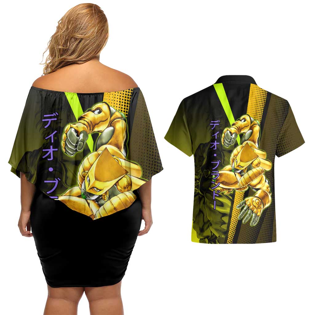 Dio Brando JoJo’s Bizarre Adventure Couples Matching Off Shoulder Short Dress and Hawaiian Shirt with The World Stand and Comic Graphic - The Mazicc